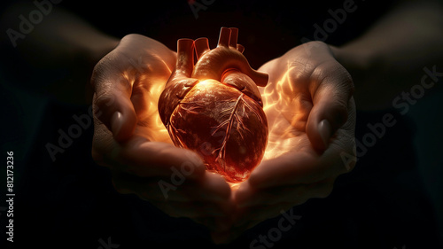 In the soft glow of dawn, a person holds a radiant human heart in their palms, the light playing off its surface, evoking a sense of hope and healing. Ai generated