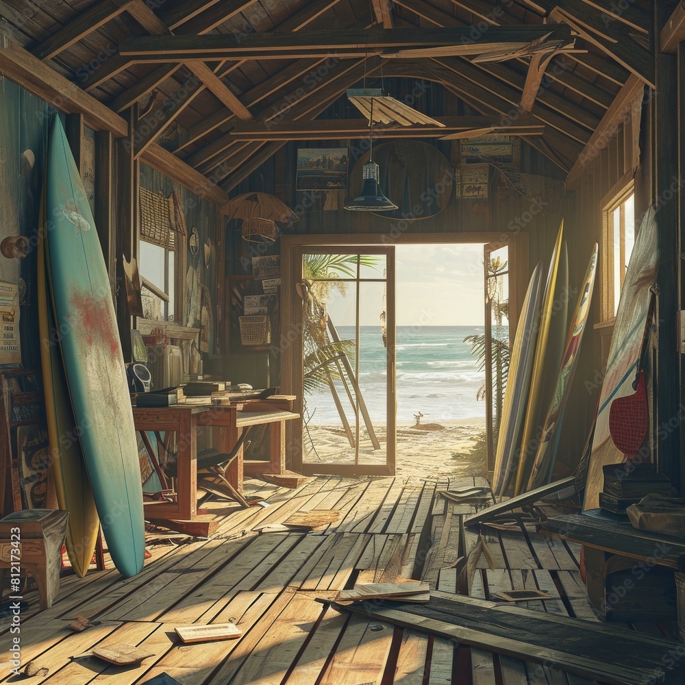 Fototapeta premium Surfer's beach shack with surfboards strewn all around, Surfer's beach background, Ai generated