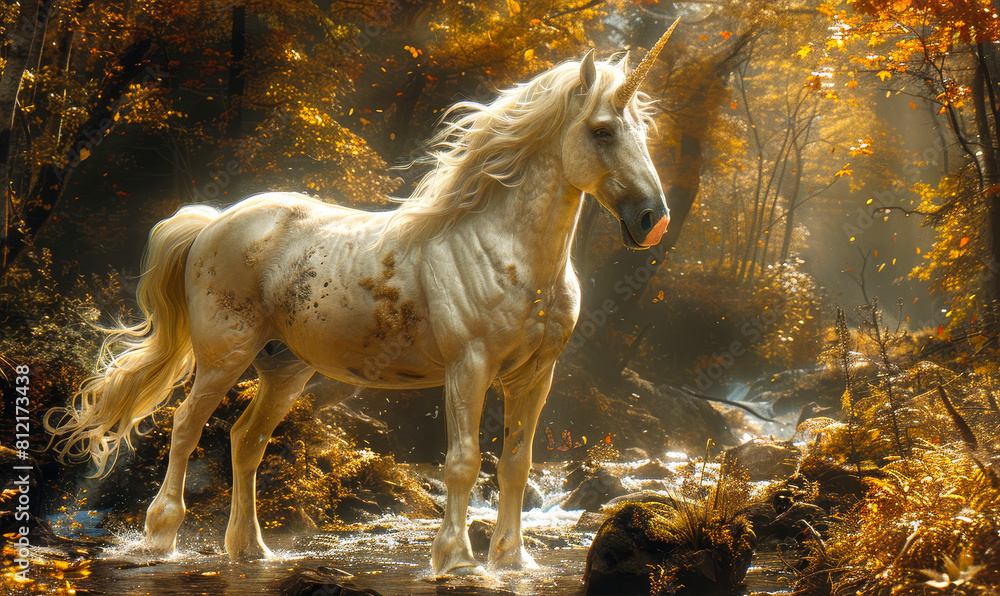 Majestic White Unicorn With Flowing Mane Galloping Through Idyllic Autumn Forest Stream At Sunset, Fantasy Woodland Fairytale Landscape Scene Majestic White Unicorn With Flowing Mane Galloping Through Idyllic Autumn Forest Stream At Sunset, Fantasy Woodland Fairytale Landscape Scene