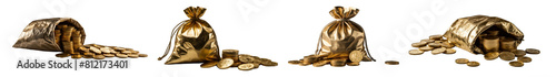 A SET OF Gold coin bags isolated on transparent background. The money is in a black bag. Treasure Hunt.  photo