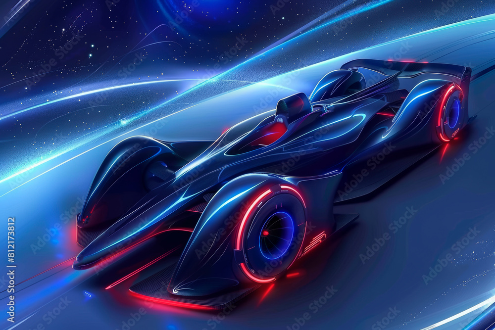 Racing car with elegant shapes on the track with a blurred background, Illustration with copy space. Concept: speed and competition