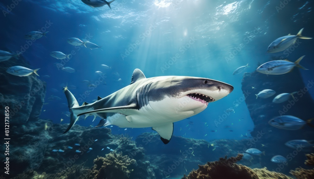 Fototapeta premium The great White Shark in the ocean, portrait of White shark hunting prey in the underwater