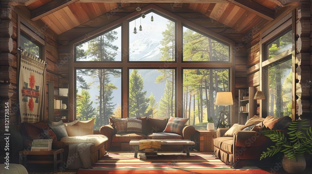 cozy cabin living room with rustic decor and forest view inviting ...