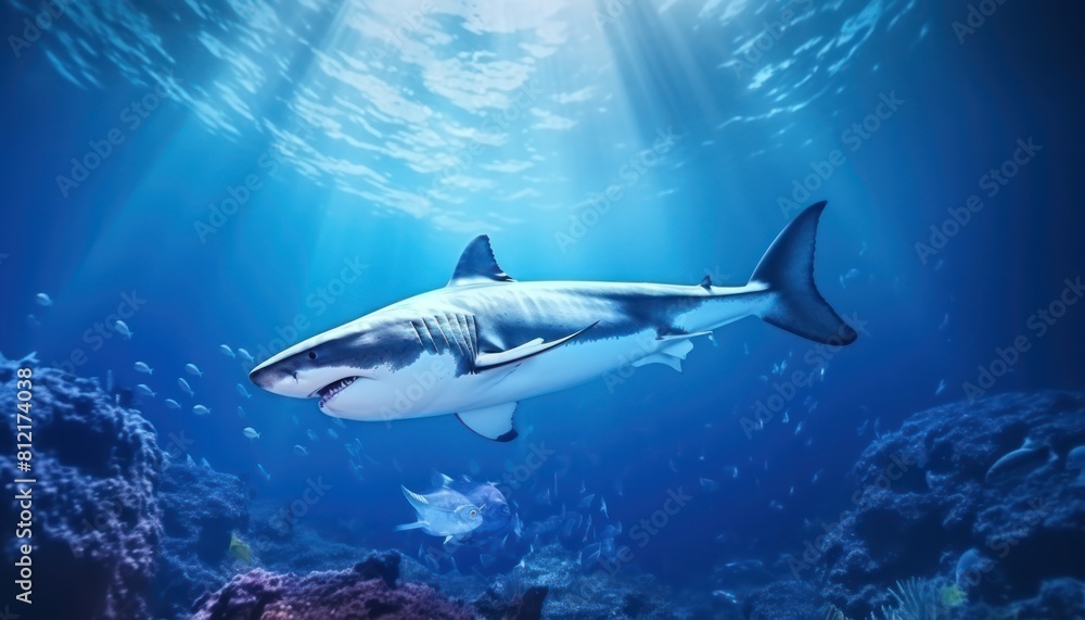 Naklejka premium The great White Shark in the ocean, portrait of White shark hunting prey in the underwater