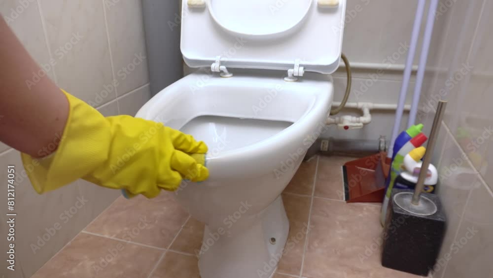 A woman is seen scrubbing and disinfecting the toilet bowl. Suitable for content about housekeeping. A woman is seen scrubbing and disinfecting the toilet bowl. Suitable for content about housekeeping.