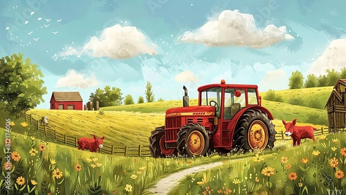 A simple outline drawing of a cute cartoon tractor with big wheels and a happy driver working in a farm field, ideal for young children to color. photo