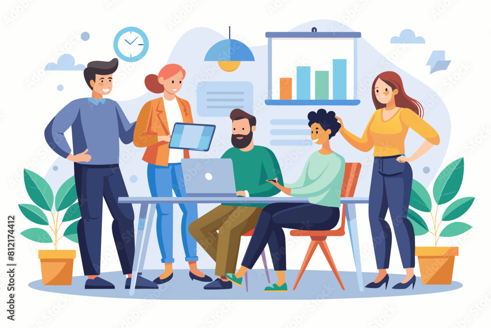 Business team working together, brainstorming, discussing ideas for project. People meeting at desk in office. illustration for co-working, teamwork, workspace concept,flat illustration