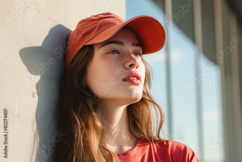 Portrait of a pensive young woman in a red cap, basking in the sunset light