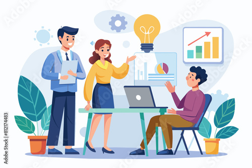 Business team working together, brainstorming, discussing ideas for project. People meeting at desk in office. illustration for co-working, teamwork, workspace concept,flat illustration © ArtfuIInfusion769