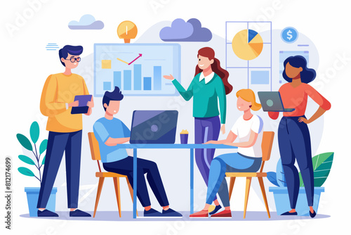 Business team working together  brainstorming  discussing ideas for project. People meeting at desk in office. illustration for co-working  teamwork  workspace concept flat illustration
