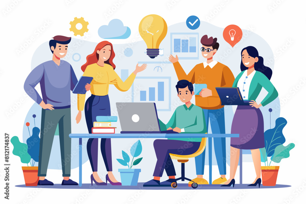 Business team working together, brainstorming, discussing ideas for project. People meeting at desk in office. illustration for co-working, teamwork, workspace concept,flat illustration
