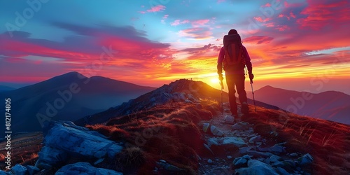 Hiker triumphs over challenging mountain trail standing proudly at sunrise summit. Concept Hiking, Triumph, Mountain Trail, Sunrise Summit, Outdoor Achievement