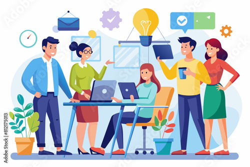 Business team working together, brainstorming, discussing ideas for project. People meeting at desk in office. illustration for co-working, teamwork, workspace concept,flat illustration