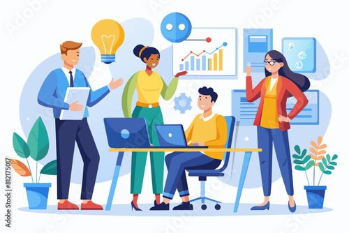 Business team working together, brainstorming, discussing ideas for project. People meeting at desk in office. illustration for co-working, teamwork, workspace concept,flat illustration © ArtfuIInfusion