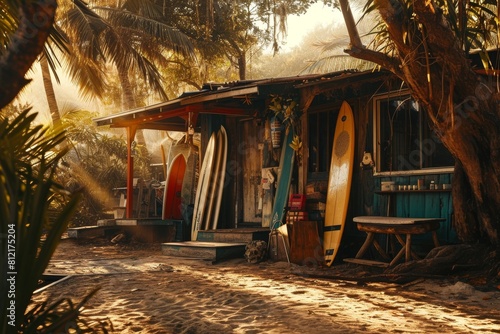 Surfer's beach shack with surfboards strewn all around, Surfer's beach background, Ai generated