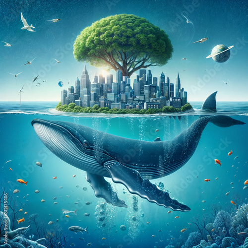 Whale carrying city and tree, Planet world ecosystems concept related world ocean day, landscape vector illustration created with generative ai. photo