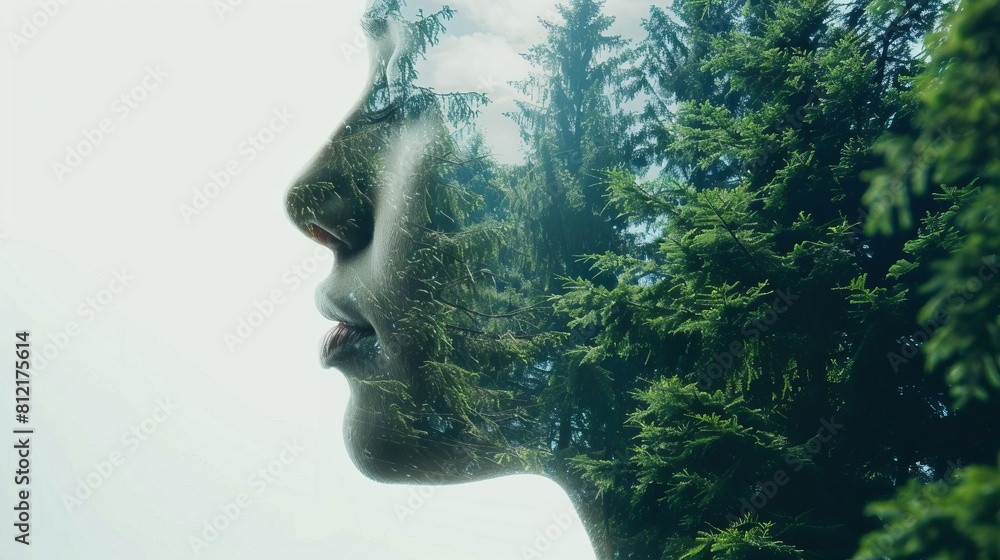 double exposure of womans face and forest environmental concept double exposure of womans face and forest environmental concept