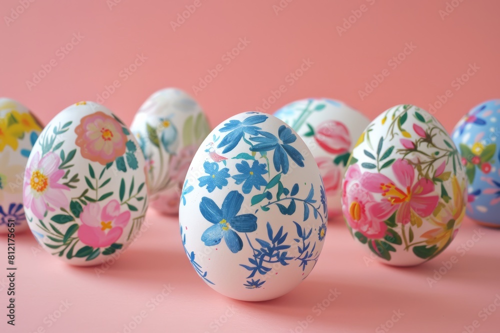 Row of Painted Eggs on Pink Surface Row of Painted Eggs on Pink Surface