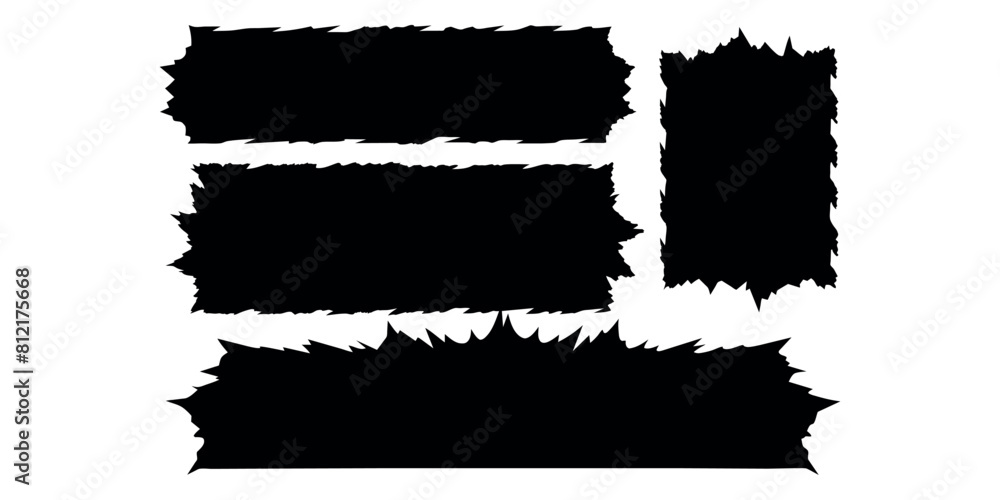 Set of jagged edge shape. Black ripped paper sheet with scratch. Grunge frame collection for sticker, collage, banner. Black illustration isolated on white background
Set of jagged edge shape. Black ripped paper sheet with scratch. Grunge frame collection for sticker, collage, banner. Black illustration isolated on white background