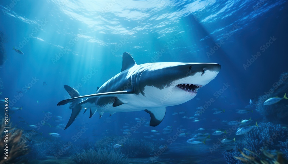 Obraz premium The great White Shark in the ocean, portrait of White shark hunting prey in the underwater