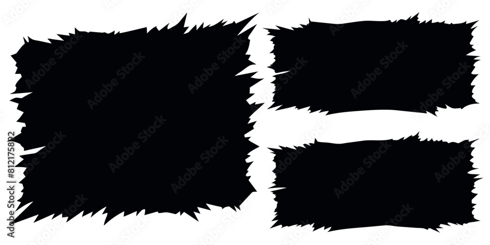 Set of jagged edge shape. Black ripped paper sheet with scratch. Grunge frame collection for sticker, collage, banner. Black illustration isolated on white background
