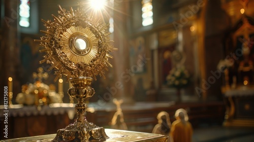 An ostensory used for worship during a Catholic church ceremony specifically for the adoration of the Blessed Sacrament is an integral part of the Eucharistic Holy Hour observed in the Cath photo