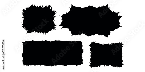 Set of jagged edge shape. Black ripped paper sheet with scratch. Grunge frame collection for sticker, collage, banner. Black illustration isolated on white background
