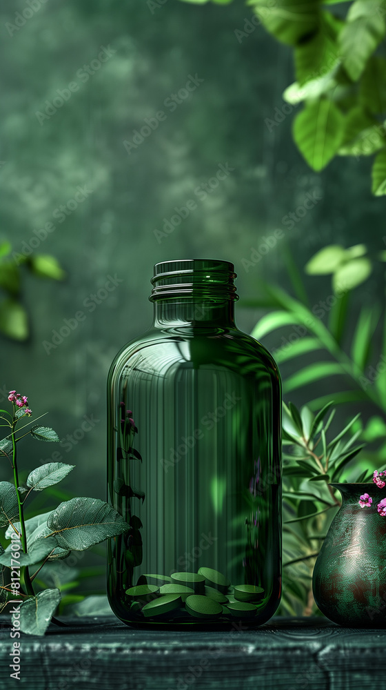 Beautiful background for a supplement bottle with benefit texts, green background 2d Beautiful background for a supplement bottle with benefit texts, green background 2d