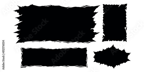 Set of jagged edge shape. Black ripped paper sheet with scratch. Grunge frame collection for sticker, collage, banner. Black illustration isolated on white background
