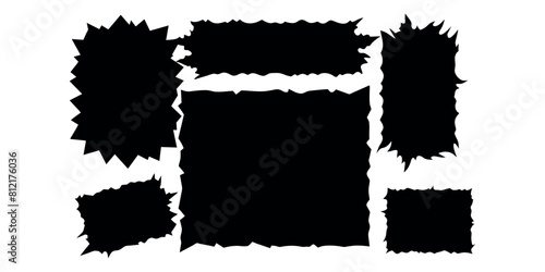 Set of jagged edge shape. Black ripped paper sheet with scratch. Grunge frame collection for sticker, collage, banner. Black illustration isolated on white background
