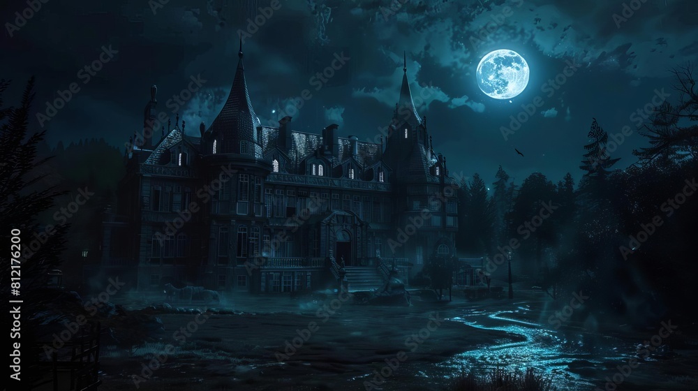 eerie vampire mansion at night 3d rendering
