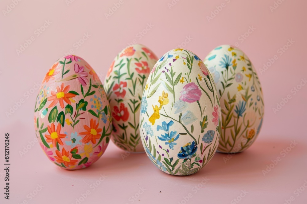 Group of Painted Eggs on Pink Surface Group of Painted Eggs on Pink Surface