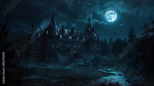 eerie vampire mansion at night 3d rendering