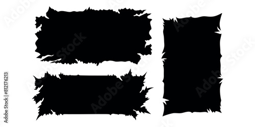 Set of jagged edge shape. Black ripped paper sheet with scratch. Grunge frame collection for sticker, collage, banner. Black illustration isolated on white background

