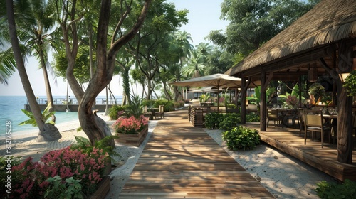 A beach walkway with a wooden boardwalk leading to a restaurant