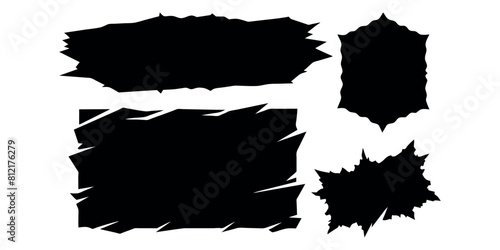 Set of jagged edge shape. Black ripped paper sheet with scratch. Grunge frame collection for sticker, collage, banner. Black illustration isolated on white background
