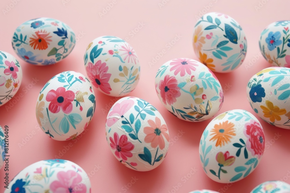 Group of Painted Eggs on Pink Surface Group of Painted Eggs on Pink Surface