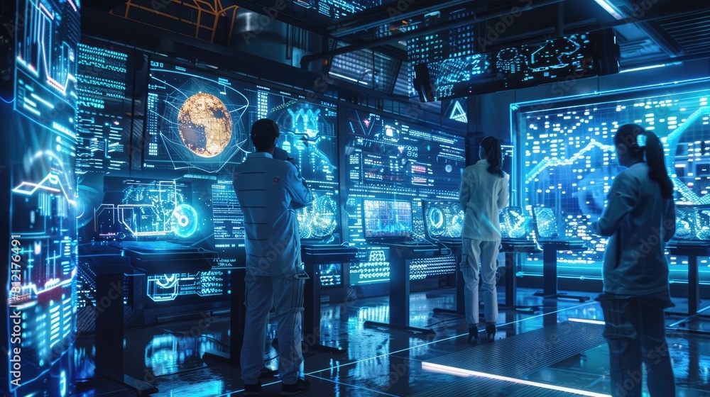 Data scientists work in a modern laboratory of a technology company on the development of a quantum computer. The concept of science, technology, machine learning, big data. AI-generated. Data scientists work in a modern laboratory of a technology company on the development of a quantum computer. The concept of science, technology, machine learning, big data. AI-generated.