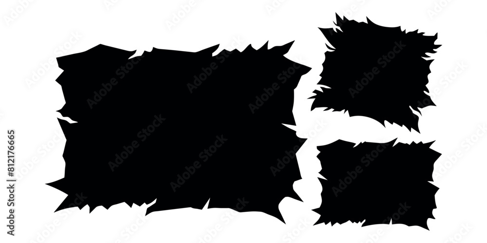 Set of jagged edge shape. Black ripped paper sheet with scratch. Grunge frame collection for sticker, collage, banner. Black illustration isolated on white background
Set of jagged edge shape. Black ripped paper sheet with scratch. Grunge frame collection for sticker, collage, banner. Black illustration isolated on white background
