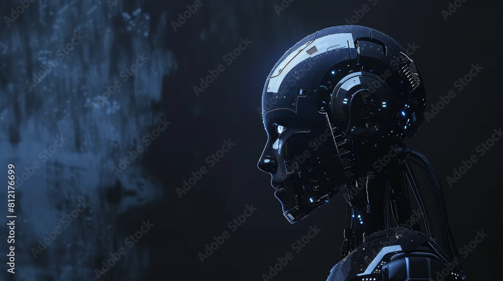 A woman with a robotic face is standing in front of a wall A woman with a robotic face is standing in front of a wall