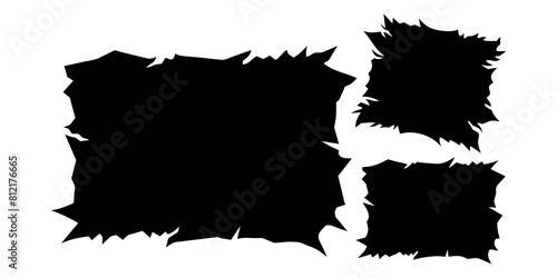 Set of jagged edge shape. Black ripped paper sheet with scratch. Grunge frame collection for sticker, collage, banner. Black illustration isolated on white background
