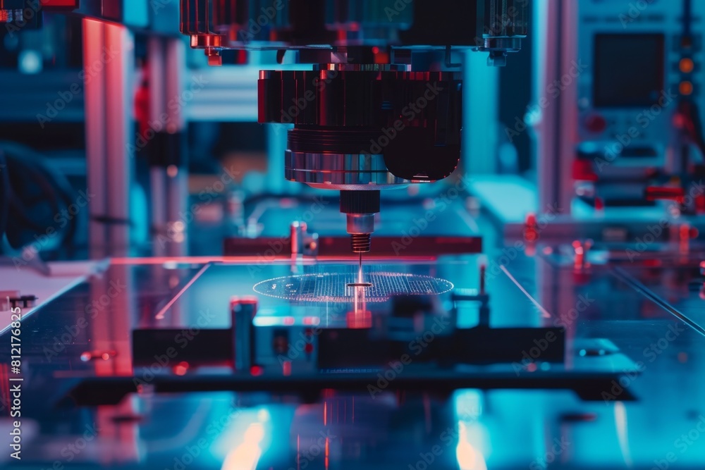 The robotic arm is assembling electronic components on a circuit board. The robotic arm is assembling electronic components on a circuit board.