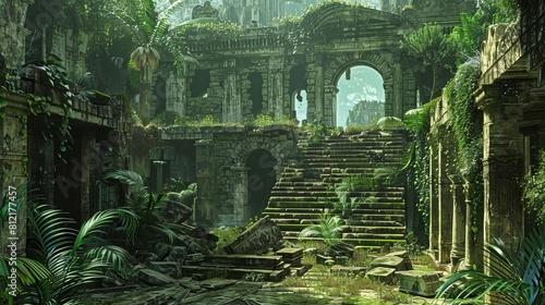 enigmatic ruins of ancient forgotten civilization overgrown with vegetation and weathered by time aigenerated illustration