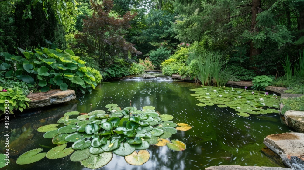Serene pond with lily pads and surrounding greenery, a hidden gem in the heart of a lush garden Serene pond with lily pads and surrounding greenery, a hidden gem in the heart of a lush garden