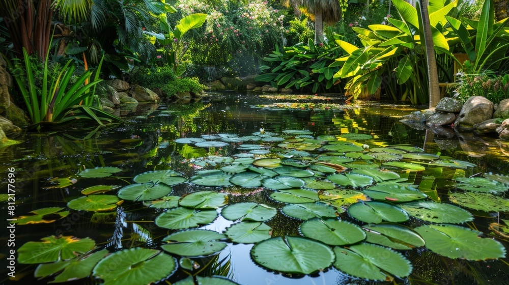 Serene pond with lily pads and surrounding greenery, a hidden gem in the heart of a lush garden
