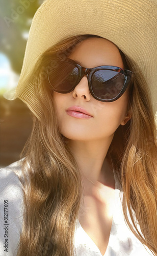 Beauty, summer holiday and fashion, face portrait of happy woman wearing hat and sunglasses, for skincare cosmetics, sunscreen spf lifestyle look idea © Anneleven