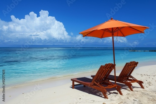 Sun-protective Beach chairs umbrella. Sunset tropical resort. Generate Ai