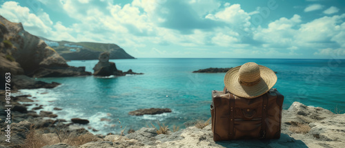 A worn suitcase and straw hat sit overlooking a tranquil ocean cove under a clear blue sky.