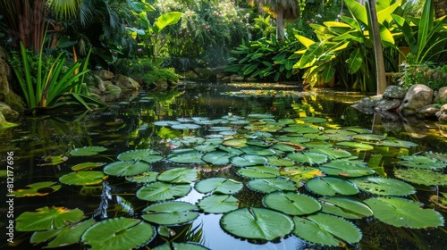 Serene pond with lily pads and surrounding greenery  a hidden gem in the heart of a lush garden