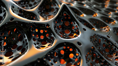 Luminous Matrix: Regular Black Fractal Ferrofluidal with Glowing Orange Holes. Generative AI photo